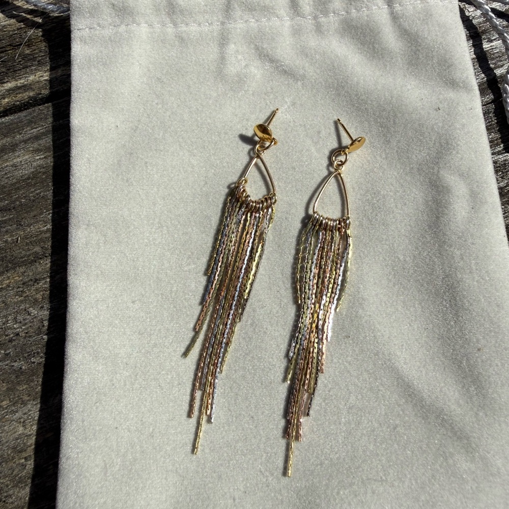 14K Yellow White Rose Gold Multi-Chain Fringe Drop Vintage Earrings Tricolor